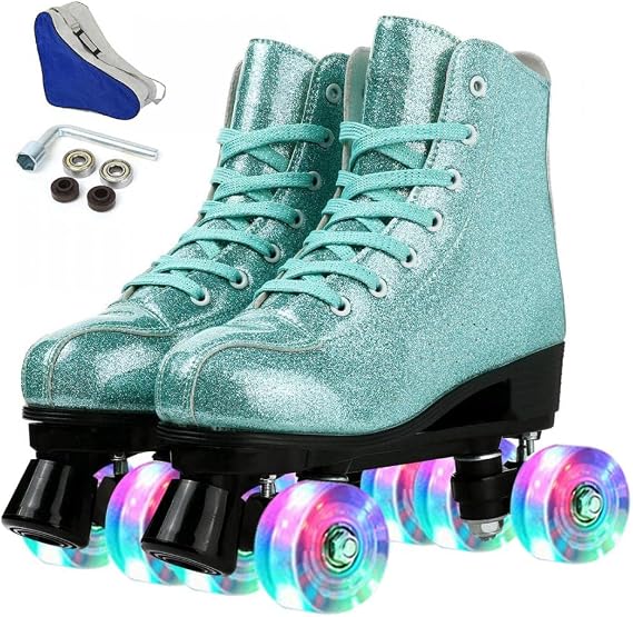 XUDREZ Roller Skates for Women, Holographic High Top PU Leather Rollerskates, Shiny Double-Row Four Wheels Skates Patines for Women Men Boys and Girls and Age 8-50 Indoor Outdoor