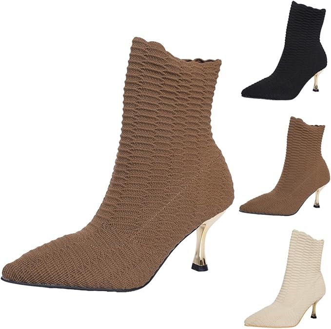 Ankle Boots for Women Low Heel Sock Booties Knit Pointed Toe Women's Winter Boots Elegant Knitted Fall Sock Boots for Dresses & Jeans