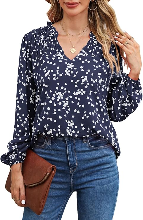 BLENCOT Women's Casual Boho Floral Print Chiffon Blouses Smocked V Neck Long Sleeve Loose Tops Shirts