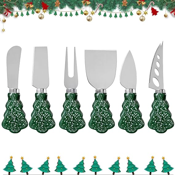 6-Piece Christmas Tree Design Cheese Knife Set, Charcuterie Board Accessories for Cheese Slicing and Butter Spreading