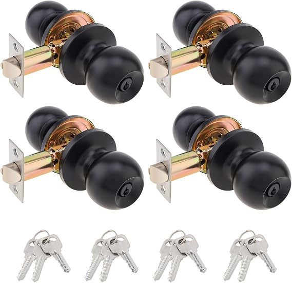 4 Pack Door Knobs with Lock and Keys, Entry Interior and Exterior Door Lock for Bedroom or Bathroom, Black Privacy Ball Doorknob, Three Key Same Only for One Lock