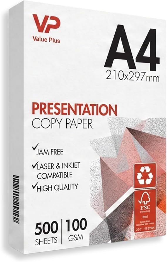 A4 Paper Ream 100gsm - Premium Thick White Printer Paper, 1 Ream (500 Sheets) - Jam-Free Multi-Purpose Paper for Laser & Inkjet Printers, Office, Presentations, and Double-Sided Printing