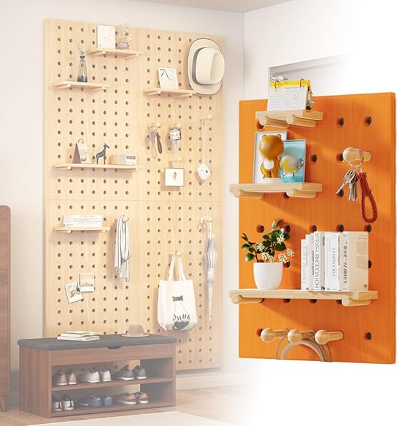 Wall Mounted Wooden Pegboard, Wall Pegboard Organizer, Pegboards for Wall Display with Various Accessories Suitable for Entrance Bedroom Study Office and Living Room(Orange,40x60cm/15.7x23.6in)