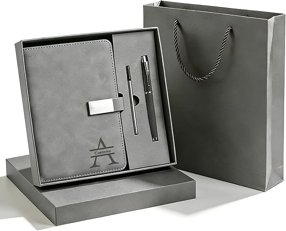 CRME Personalized Gray Leather Journal for Men, A5 Work Notebook with Pen and Gift Box Set, Custom Name Text Initial Pattern, 200 Lined Pages with Bookmark, Birthday Gifts for Guys, Friends