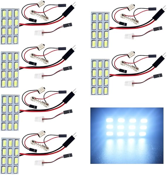 YM E-Bright 6-Pack Cool White 5730 12SMD Led Panel Dome Light Bulb Car Reading Map Light DC 12V With T10 / BA9S / Festoon Adapters