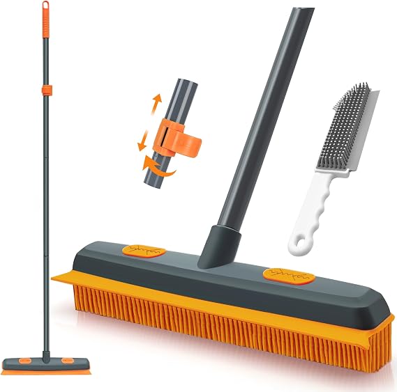 TidyBliss Rubber Broom with Silicone Squeegee, 146 cm Carpet Brush for Pet Hair, Fur Remover Tool with Detailing Lint Comb for Cleaning Rug, Tile, Hardwood Floor (Gray Orange)