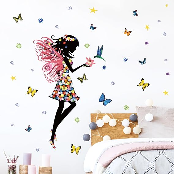 Supzone Butterfly Girl Wall Sticker - Colorful Fairy Wall Decal, Floral DIY Removable Vinyl Art Stickers - Mural for Girls' Nursery/Kids' Bedroom/Living Room Decor
