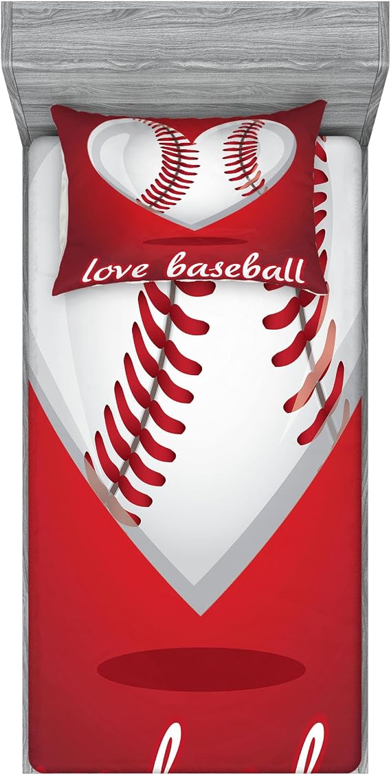 Lunarable Sports Fitted Sheet & Pillow Sham Set, Love for Baseball Theme Heart Shaped Exercise National Sport Athletic Leisure Joy, Decorative Printed 2 Piece Bedding Decor Set, Twin, Red White