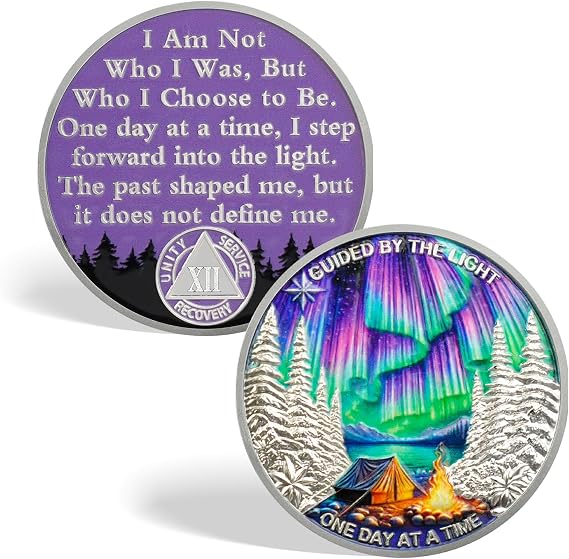 CHURYUML One Day at a Time 12 Year Sobriety Coin - Guided by the Light Sober Chip, AA Coins Recovery Medallions Alcoholics Anonymous Token Sobriety Gifts for Women & Men Celebrating Milestones