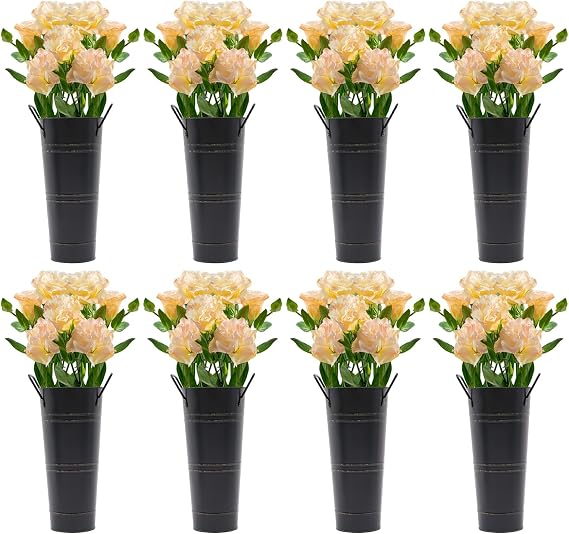 8PCS Galvanized Metal Vases with Handles, 15 * 7.5 * 25.5cm Flower Bucket Vases, Tall Tin Flower Vase for Bouquet (Black)