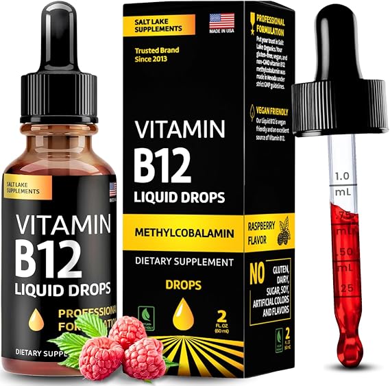 Vitamin B12 Liquid Drops - Vegan B12 vitamins 5000 mcg Methylcobalamin Fast-Acting Sublingual B Complex Liquid Vitamin B2, B3, B6 - Non-GMO, No Dairy, Soy & Sugar, Raspberry Flavor, 2 fl. oz.