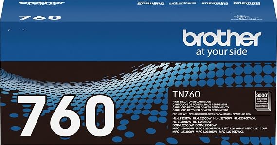Brother Genuine TN760 High Yield Black Toner Cartridge, (for use with MFC-L2710DW MFC-L2750DW HL-L2350DW HL-L2370DW HL-L2395DW HL-L2390DW DCP-L2550DW Printers) (Pack of 1) | 3000 page yield with TN760 high yield black toner for DCP-L2550DW, HL-L2350DW and HL-L2390DW