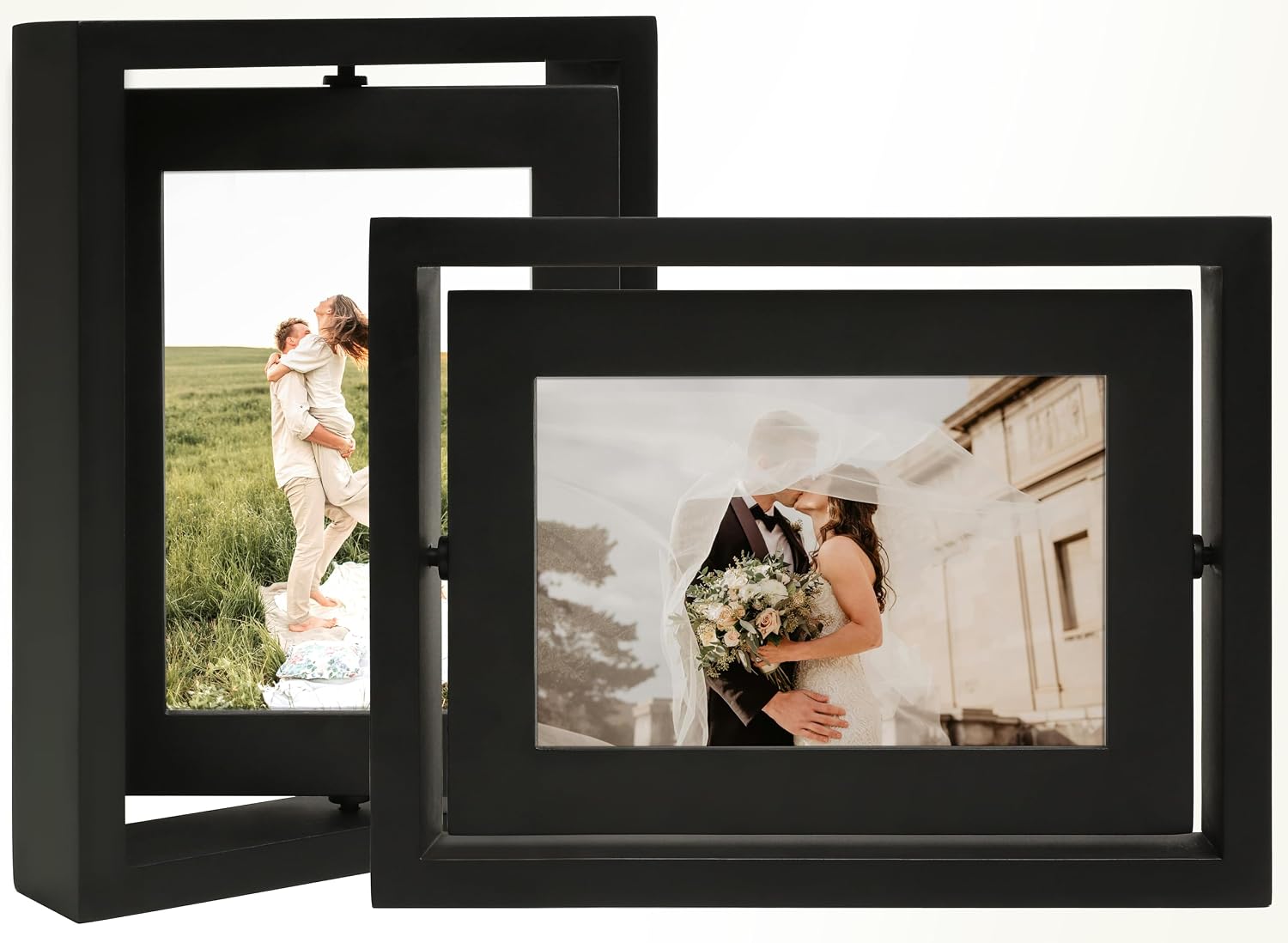5x7 Double-Sided Rotating Floating Picture Frames 2 Pack, Black, Solid Pine Wood with Real Glass for Horizontal Vertical Standing Display Desk Tabletop Photo Frames