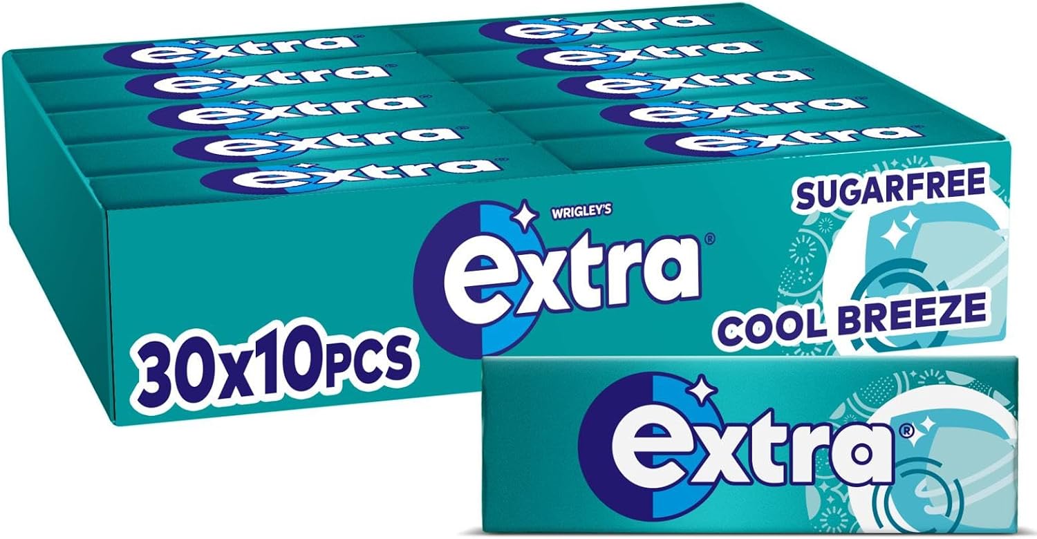 Wrigley's Extra Cool Breeze Sugar Free Chewing Gum Bulk Pack, 30 x 10 Piece Packs | Smooth Mint Fresh Breath | Ideal for Car Cupholders, Office Desk Stash, Hospitality & Daily Refreshment