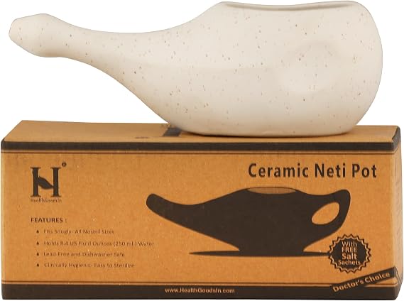 HealthGoodsIn Ceramic Neti Pot, Dishwasher Safe, Conical Tip for Nasal Cleansing + 5 Sachet Neti Salt, Without Handle (Matte Ivory)