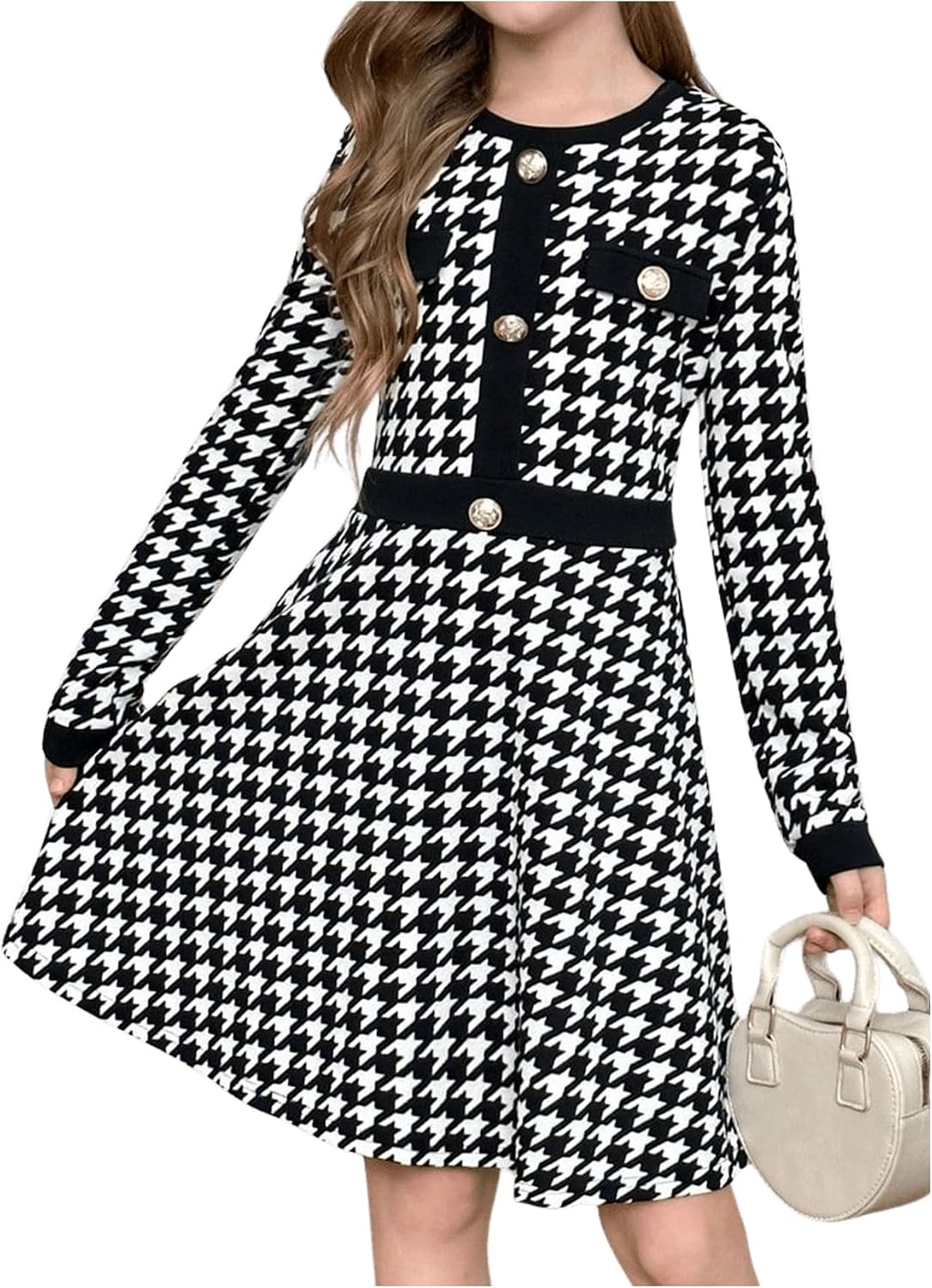 SweatyRocks Girls Houndstooth Print A Line Dress Crewneck Long Sleeve Button Front Short Dresses