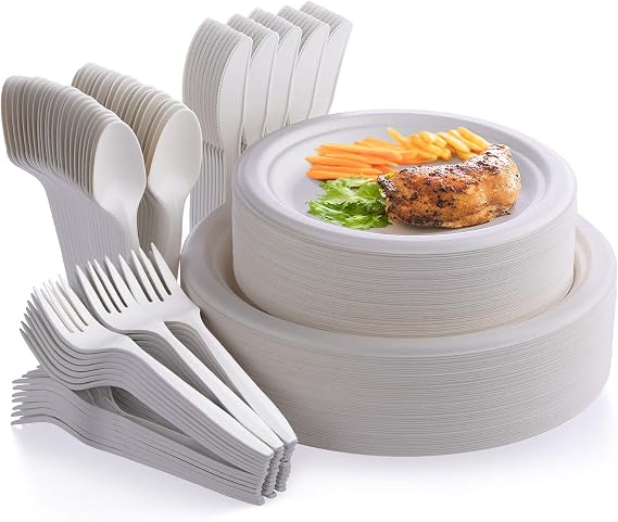 Fuyit Compostable Paper Plates with Cutlery Set, Disposable Dinnerware | 250pcs Includes plate, fork, knives & spoon, 50 Guest Party Set, Long utensils, Biodegradable design, Camping & picnic use