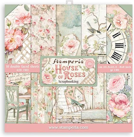 Stamperia handicraft paper block with patterns for scrapbooks albums bullet journals and more craft paper colourful for hobbies and as a gift (House of Roses) (20.3 x 20.3 cm)