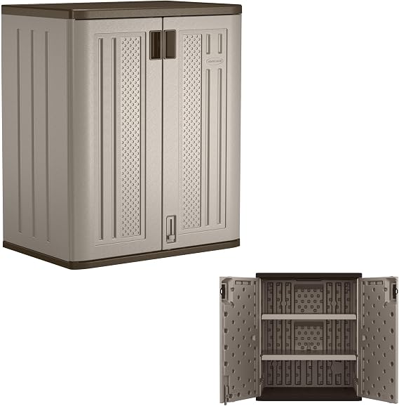 Suncast 9 Cu Ft Base Storage Cabinet, Lockable 2-Shelf Organizer, Platinum