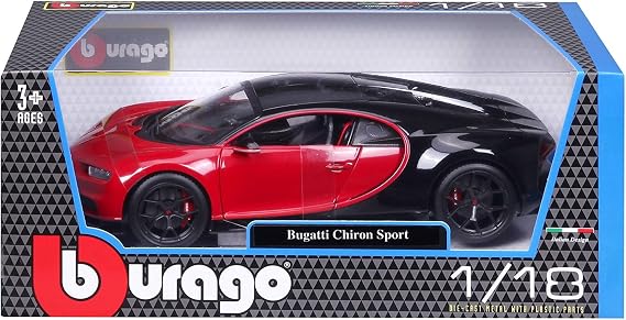 Bburago Bugatti Chiron Sport: Model araba, 1:18 ölçeğinde, kapılar ve motor kaputu açılabilir, döndürülebilir, 26 cm, siyah/kırmızı (18-11044R)