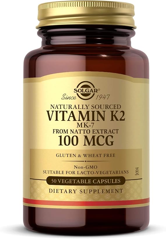 Solgar Naturally Sourced Vitamin K2 (MK-7) 100 mcg - 50 Vegetable Capsules - Supports Bone Health - Whole Food Source from Natto Extract - Non-GMO, Gluten Free - 50 Total Servings