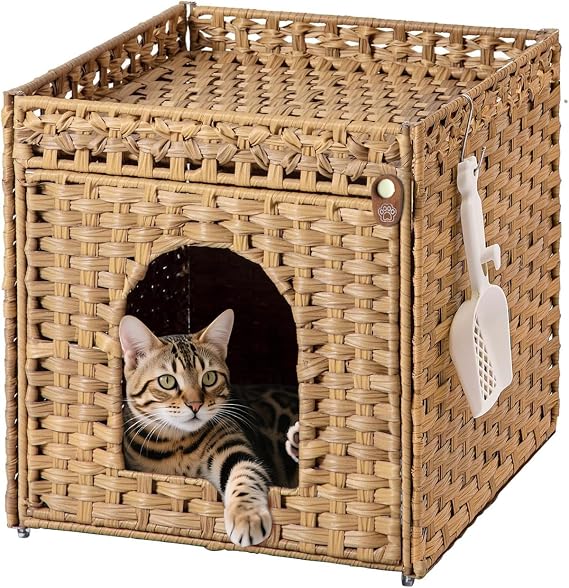 Cat Litter Box Enclosure, Handwoven Rattan Hidden Litter Box Furniture with Mat & S Hooks, Large Indoor Enclosed Cat House Cabinet Storage Side Table, 47x52x48.5 cm, Natural