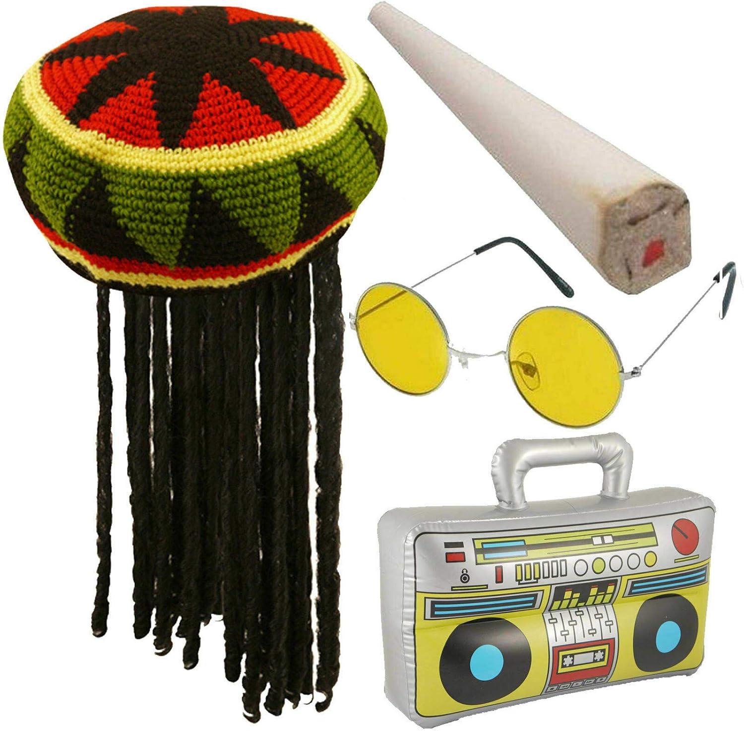 Jamaican Rasta Hat with Dreadlocks Wig, Fake Spliff, Yellow Glasses & Inflatable Boom Box Caribbean Fancy Dress
