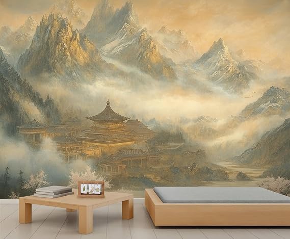 Ink Landscape Painting Wall Mural Wallpaper, Chinese Classical Painting Childrens Murals Art, Retro Scenery Nursery Wallpaper for Kids Room Playroom Baby Nursery Wall Decor (Non-self-Adhesive)