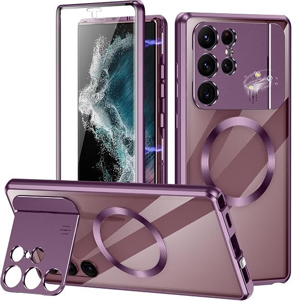 Case for Samsung Galaxy S22 Ultra with Camera Invisible Stand, 360 Degree Front and Back Glass Protection Cover [Compatible with MagSafe] Magnetic Absorption Aluminum Alloy Bumper (Burgundy)