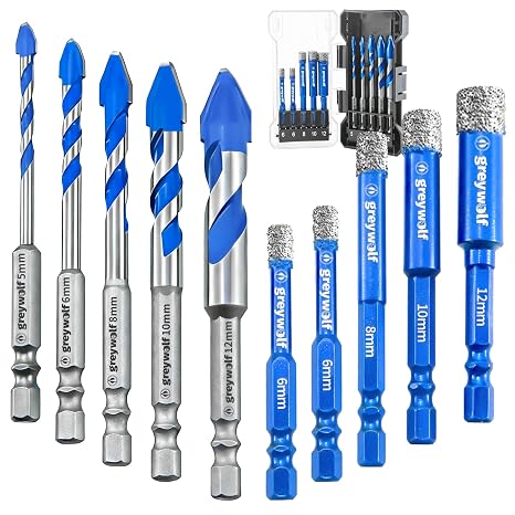 Greywolf 10 pcs Diamond Drill bit Set, Tile Drill bits, Suitable for Ceramic, Glass, Porcelain, Marble, and Granite in Drilling Holes, Hexagonal Shank Tile Drill bits with Cooling Wax, 5/6/8/10/12mm