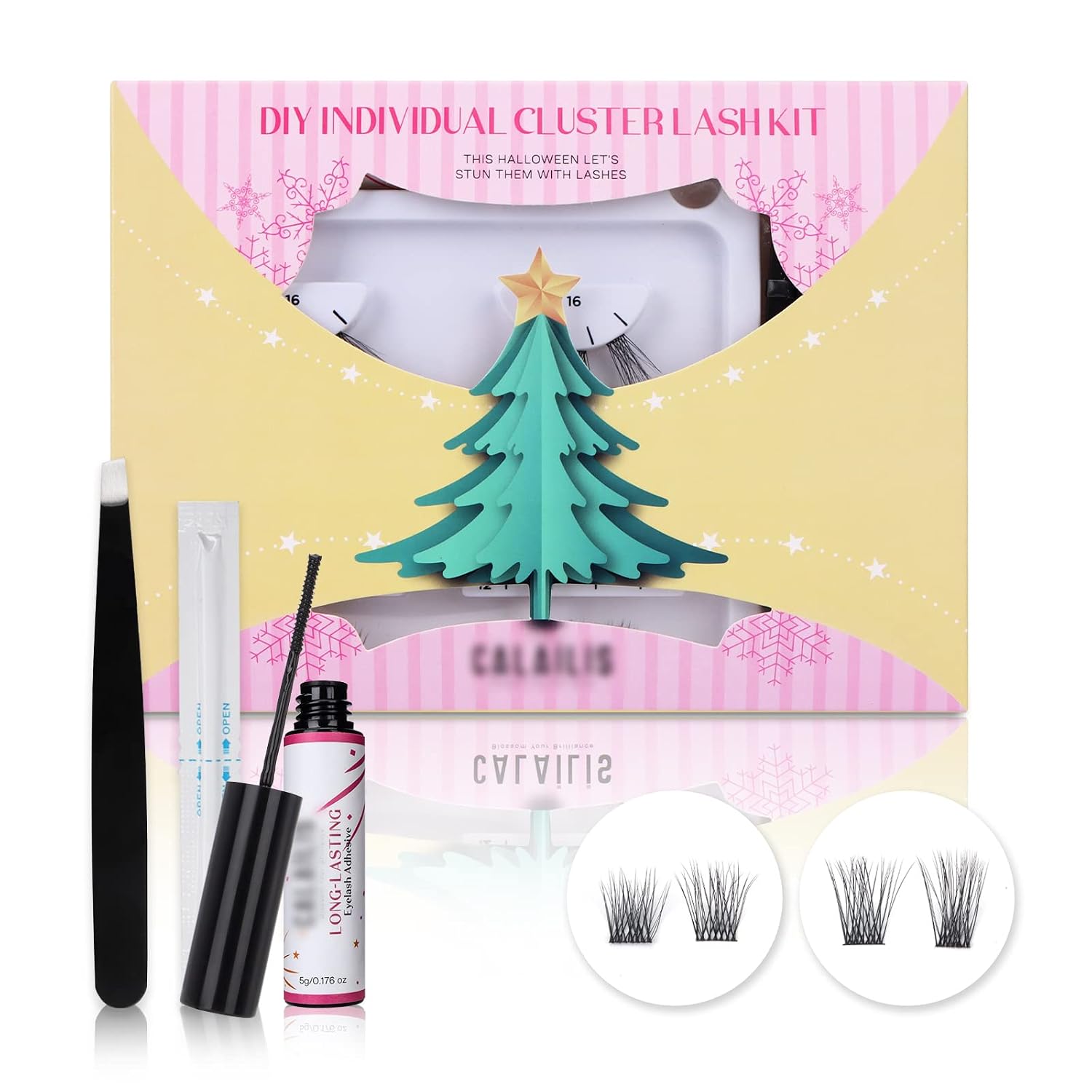 CALAILIS DIY Eyelash Extension, Cluster Lashes Kit, Superfine Band Glue Bonded Cluster Eyelash Extensions Christmas Set With Cluster Lash Glue, Cotton Swab Glue Remover, Applicator