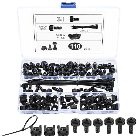 110 Pcs Rack Mount M6×16/20 mm Cage Nuts & Screws Kit, Black | rack screws, cage nuts, bolts & washers—fit server/data/audio cabinets & shelves; includes 22 cable ties; organized box.