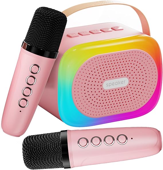Mini Karaoke Machine for Kids Ages 3-12, Portable Bluetooth Speaker with 2 Wireless Microphone and LED Light Show for Kids 3 4 5 6 7 8 9 10 Year Old Girls Toys Birthday Gifts Toddler (Pink)
