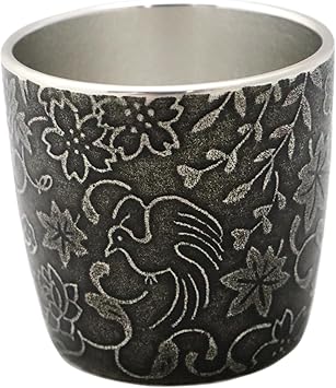 Osaka Tin Ware (Suzuki), 100% Tin, Guinomi, Kacho Fugetsu, Black, Set of 2, Gift Wrapping Specifications