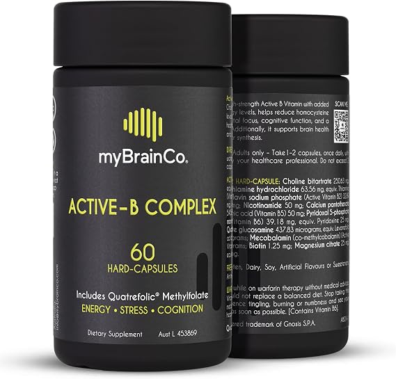 myBrainCo. Active-B Complex High Strength Activated B Vitamin Supplement with B2, B6, B12 & Methyl Folate Supports Energy, Brain Function & Nervous System 60 Vege-Capsules