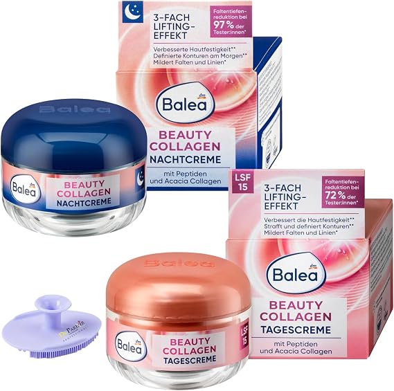 Balea Set of 2: Face Cream Beauty Collagen SPF15 50 ml + Night Cream Beauty Collagen 50 ml + Bonus Silicone Sponge