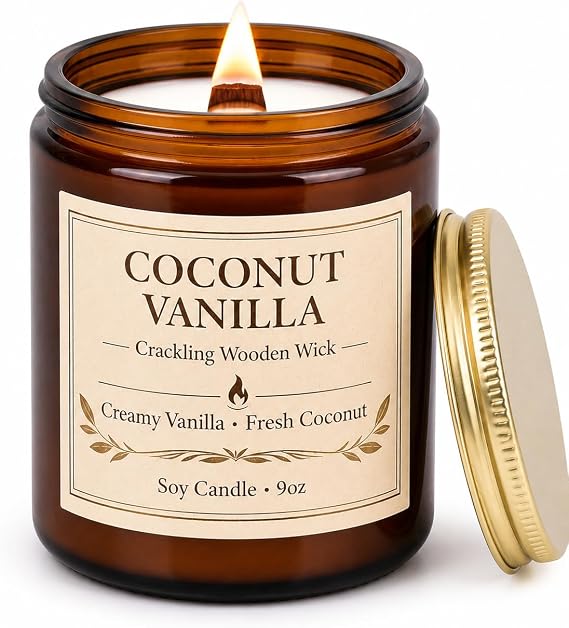 Coconut Vanilla Scented Candles for Home, 9oz Long Burning Soy Candles for Women, Wood Wick Natural Non Toxic Candle Jar, Aromatherapy Candle Gift for Home Bedroom Bathroom Office