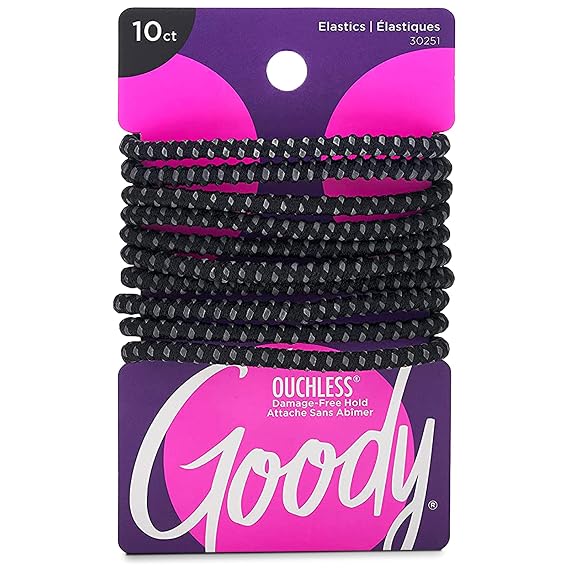 Goody Ouchless No Slip Hair Ties, 10 Ct, Black, 4MM Rubber Bands, SlideProof, Pain-Free Styling Accessories for Women & Men, Made for Long-Lasting Braids, Ponytails & More, All Hair Types