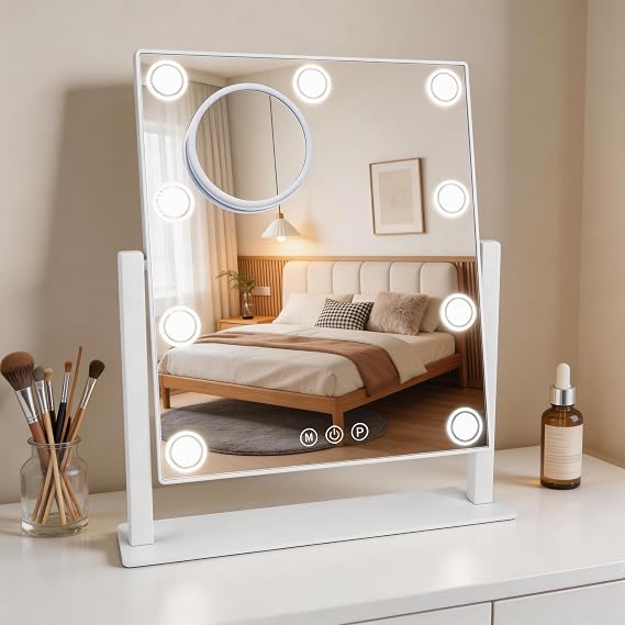Lighted Makeup Mirror, Hollywood Vanity Mirror with 9 LED Bulbs, 3 Color Lights, and Detachable 10X Magnification Mirror, 1200mAh Rechargeable, Touch Control, 360Rotation, White 14.05" * 12"