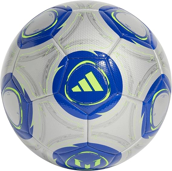 adidas Messi League Ball - Seamless Surface, Butyl Bladder, Messi Printed Logo, Ideal for Training Sessions and Matches (Silver Metallic/Lucid Blue/Solar Yellow, 5)