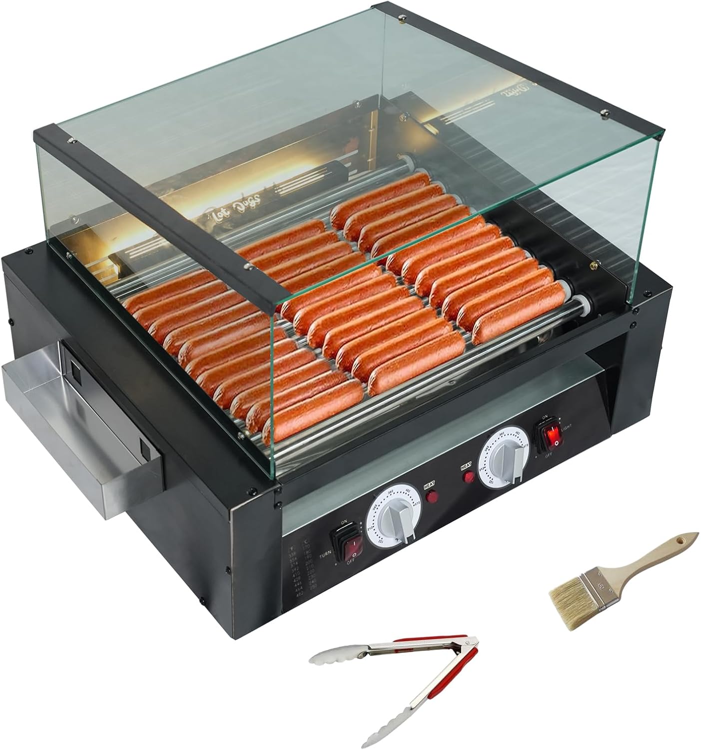 1650W Hot Dog Roller, 11 Rollers Hot Dog Machine, 30 Hot Dogs Capacity, Dual Temp Control Stainless Hotdog Roller Grill with Glass Guard, LED Warm Light for Commercial, Party, BBQ 11 Rollers
