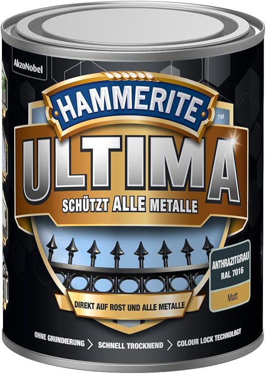 Hammerite Ultima Metal Protection Paint Rust 5379759, 750ml Matt Anthracite Grey RAL 7016
