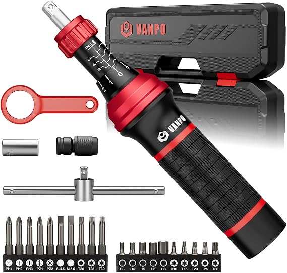 VANPO Torque Screwdriver, 10-70 in.lb, 24 Piece Inch Pound Torque Screwdriver Set with S2 Bits & T-bar Handle, 1/4 Drive Torque Wrench Screwdriver Set for Electronics,Bike Repair and Mounting