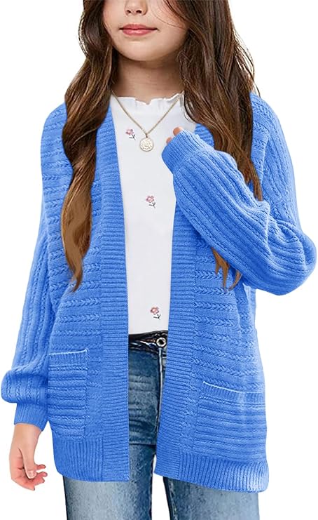 Haloumoning Kids Girls Open Front Cardigan Sweaters Long Sleeve Cable Knit Fashion Clothes with Pockets 5-14 Years