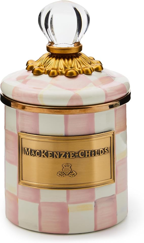 MACKENZIE-CHILDS Enamel Canister, Versatile Kitchen Storage Container for Flour and Sugar, Mini, 14-Ounce Capacity, Pink-and-White Rosy Check