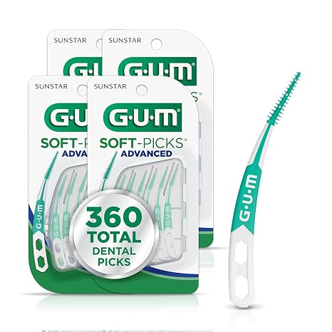 GUM Soft-Picks Advanced Interdental Picks, 90 Count (4 Pack) | Soft bristles, Longer curved handle, Safe for braces & bridges, Latex and wire free, Includes travel case, Disposable picks