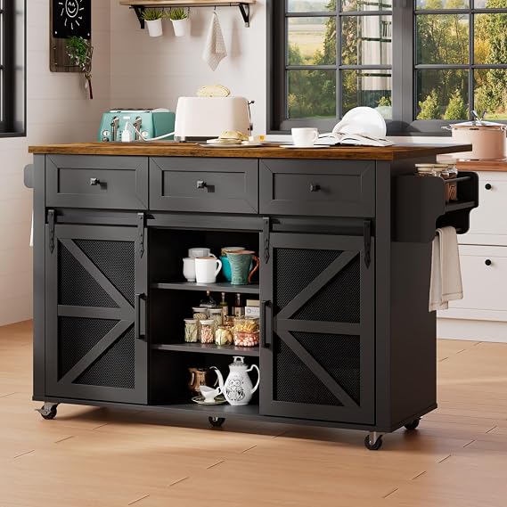 Kitchen Island with Storage, 55" Kitchen Cart with Charging Station, Rolling Kitchen Island Table with Drop-Leaf, 3 Drawers, Barn Doors, Towel Rack and Spice Rack, Black and Rustic Brown