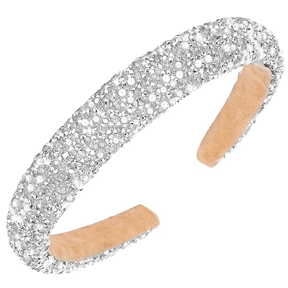 Rhinestone Padded Crystal Headband - Women's Glitter Bling Pearls Jeweled Hair Accessory For Prom (White)