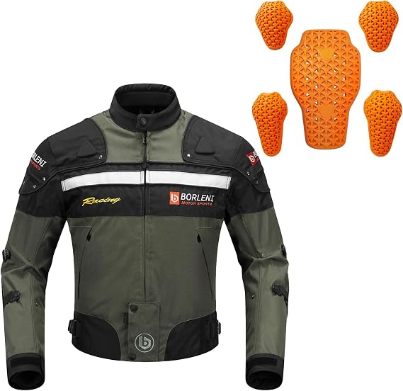 BORLENI Motorcycle Jacket Green L and Motorcycle Armor Set (Elbow Shoulder and Back Certified)