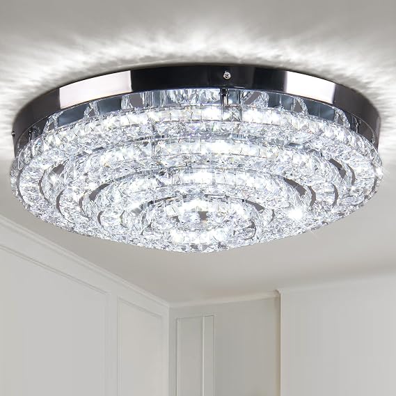 18 Inch Crystal Ceiling Light 4 Tier Flush Mount Cool White | Modern LED Chandelier K9 Crystal for Living Room Bedroom Dining Room and Kitchen Hallway [Energy Class E]